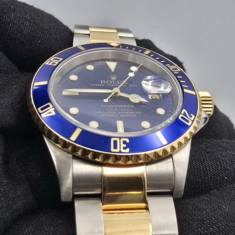2007 Rolex Submariner 16613 NO HOLES Blue Dial Two Tone Steel Gold 40mm Watch