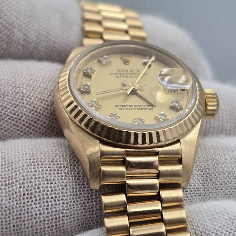 Rolex Ladies Datejust Gold President Factory Champagne Diamond Dial 26mm 69178