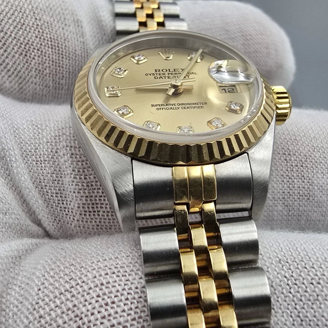 PAPERS Rolex Datejust Gold Steel Champagne Diamond Dial Jubilee 26mm 79173