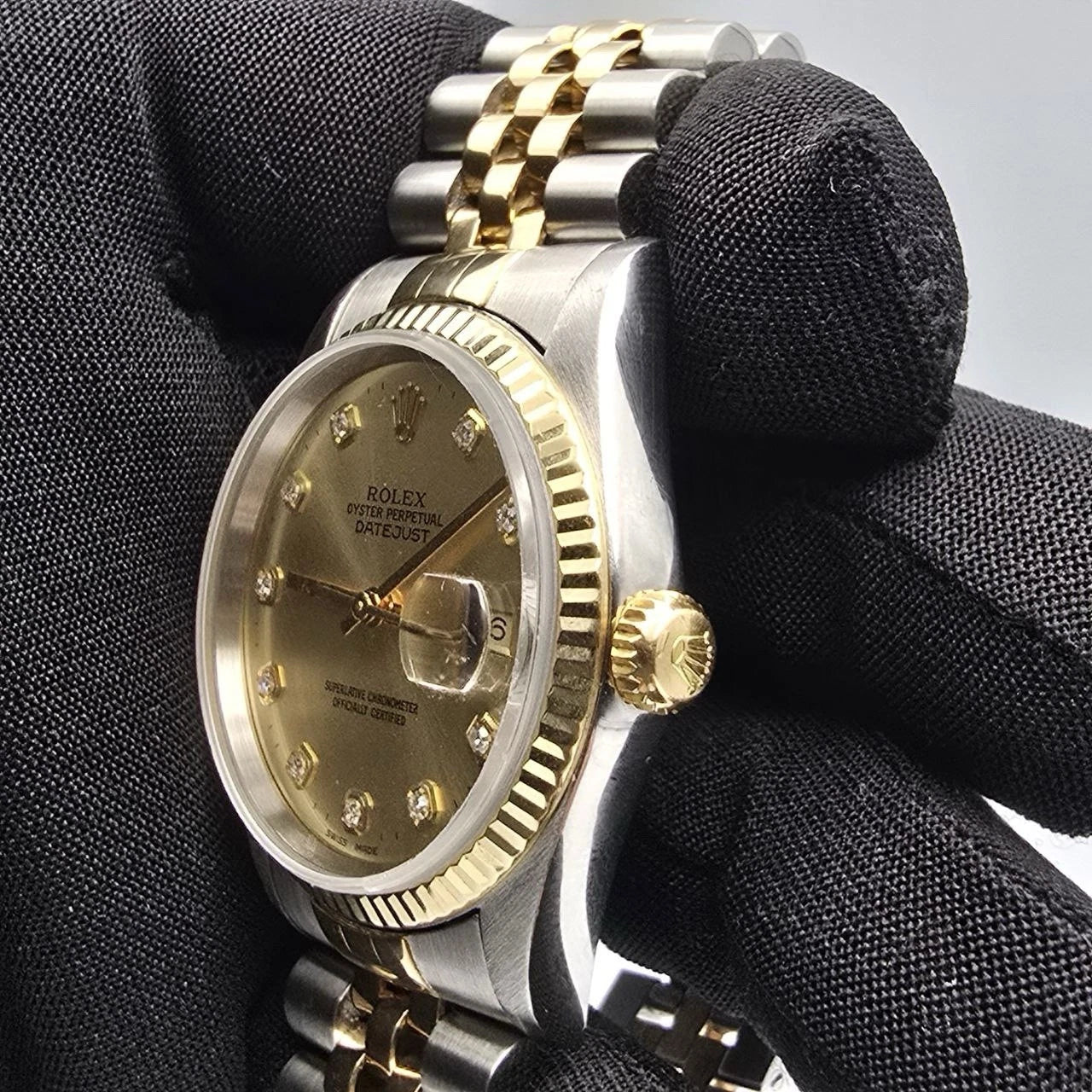 Rolex Datejust 36mm NO HOLES Champagne Diamond Dial 18K Gold TT Watch 16233