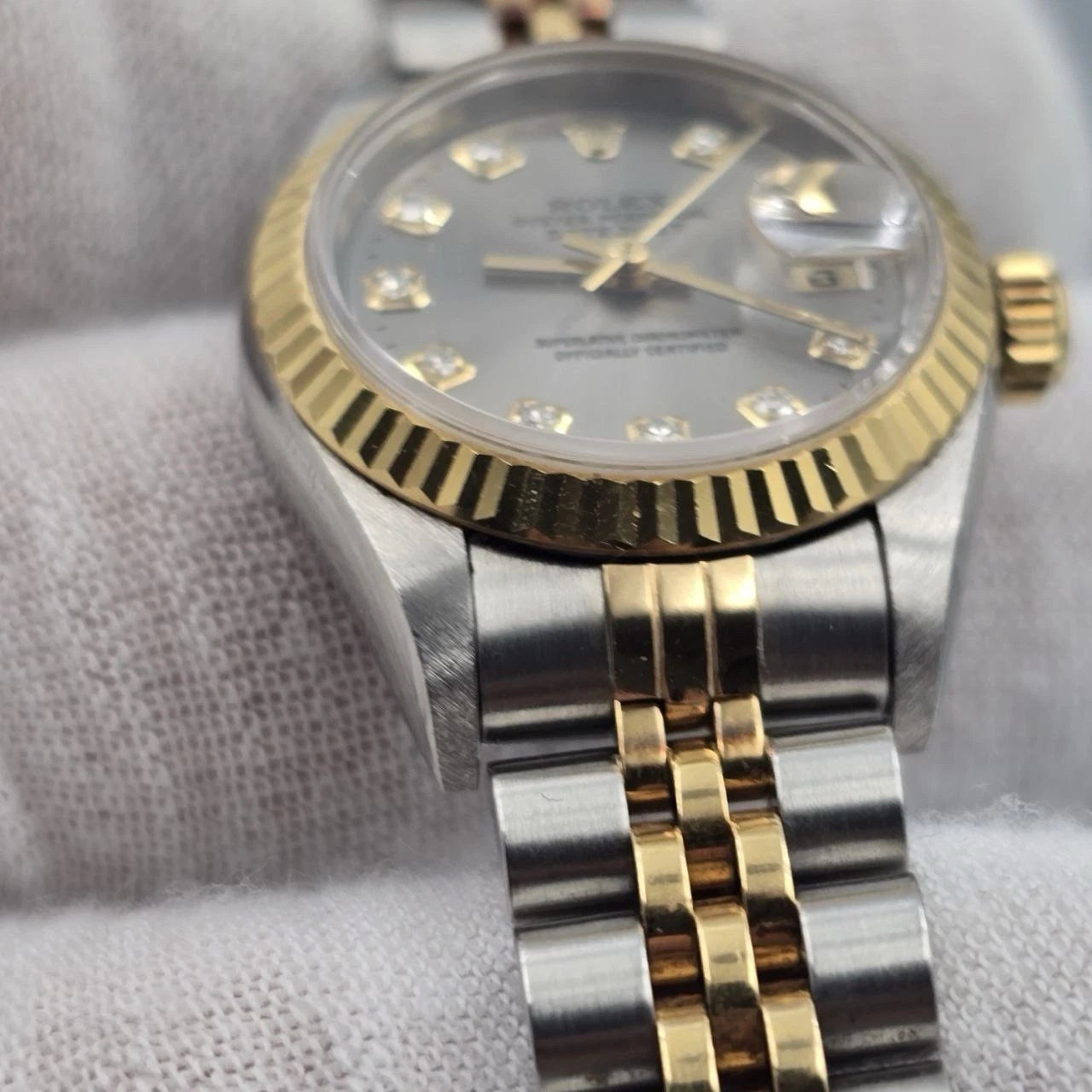Rolex Lady Datejust 26mm Yellow Gold Steel Factory Rhodium Diamond Dial 69173