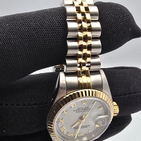 Rolex Lady Datejust Gold Steel Fluted Bezel White Roman Jubilee 26mm Watch 79173