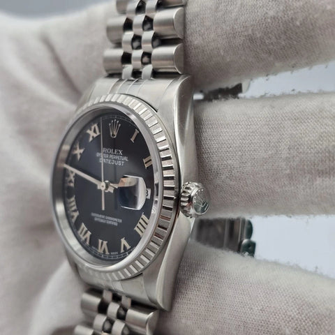 2002 PAPERS Rolex Datejust 36mm 16220 Blue Roman Dial Jubilee Watch