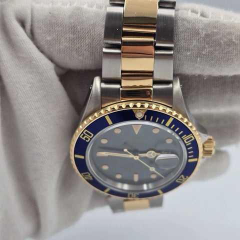 PAPERS Rolex Submariner Date 18K Gold Blue Sunburst Dial 40mm Watch 16803 BOX