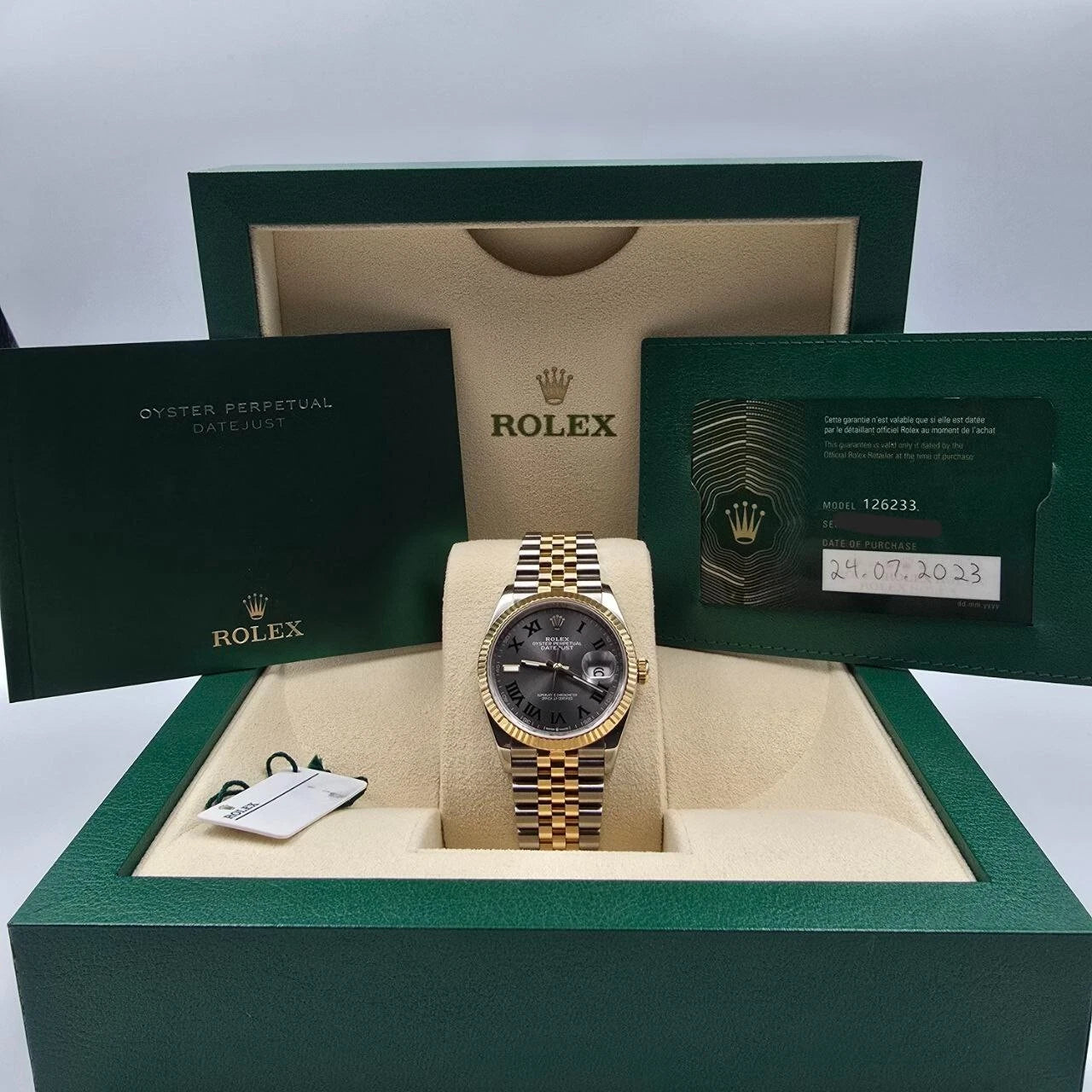 2023 Rolex Datejust 36mm Wimbledon Yellow Gold Fluted Bezel Jubilee 126233 B+P