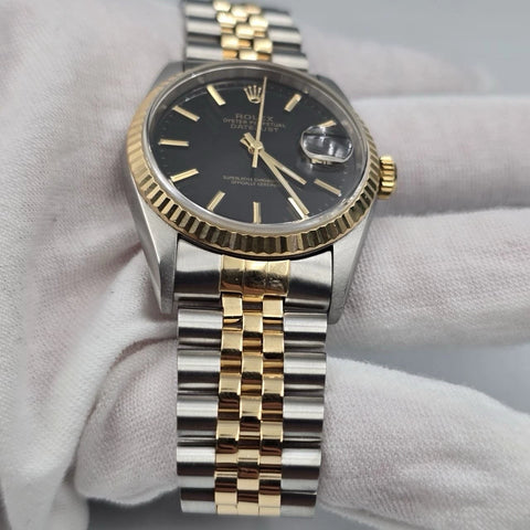 Rolex Datejust 36mm Black Stick Dial Two Tone Gold Stainless Steel Jubilee 16233