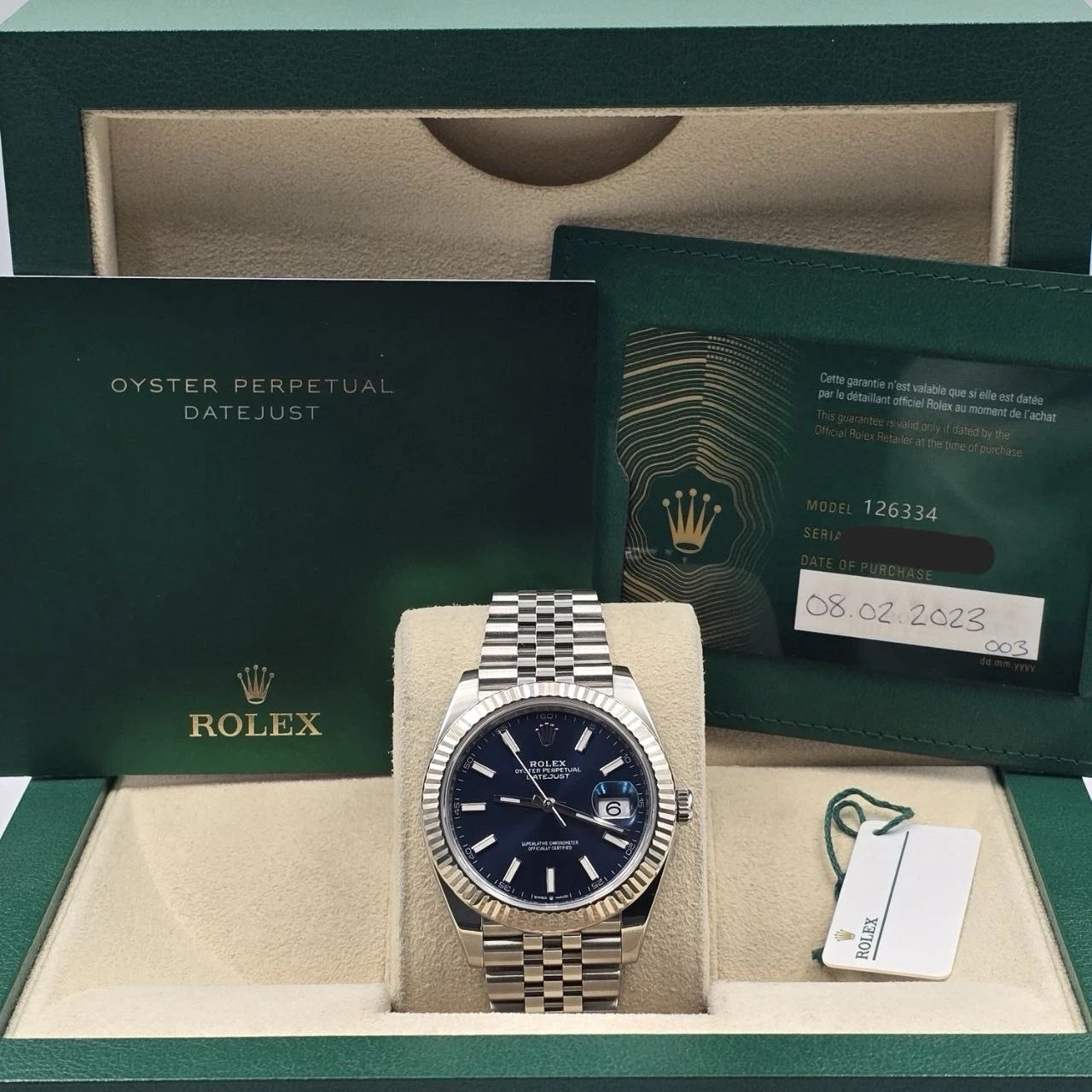 2023 PAPERS Rolex Datejust 41mm 126334 Stainless Steel Jubilee Blue Dial BOX