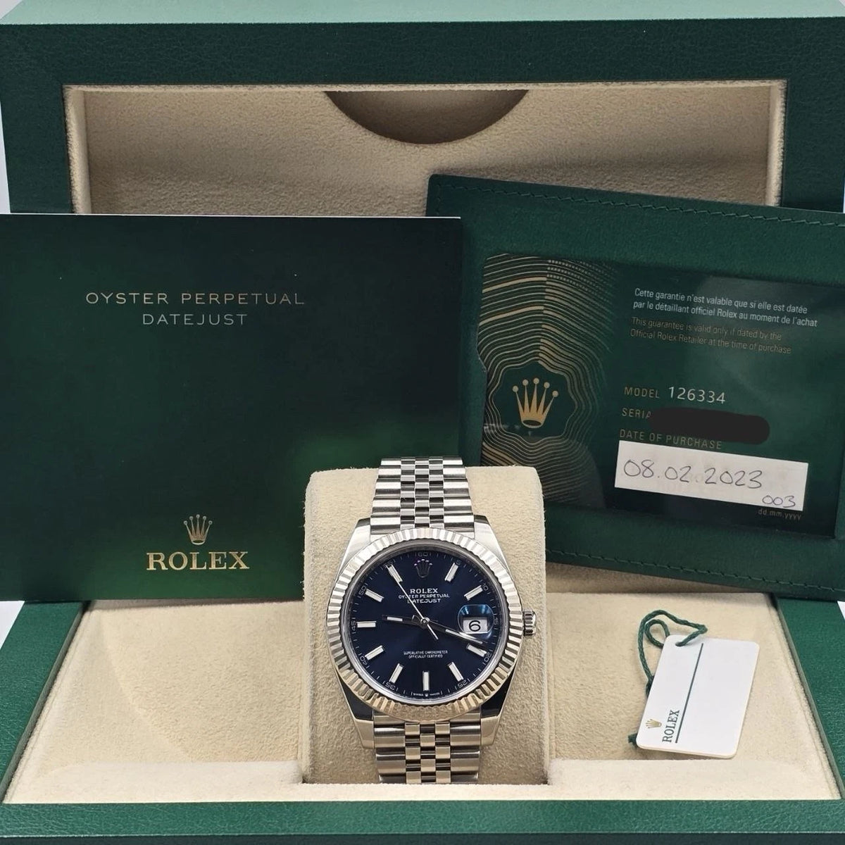 2023 PAPERS Rolex Datejust 41mm 126334 Stainless Steel Jubilee Blue Dial BOX
