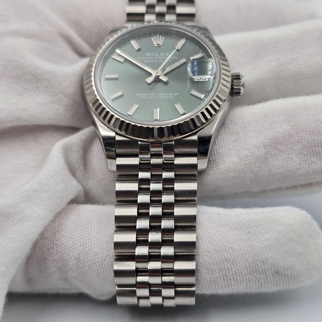 2023 PAPERS Rolex Datejust 31mm Mint Green Index Fluted Jubilee 278274 BOX