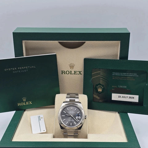 PAPERS MINT 2024 Rolex Datejust 41mm Oyster Rhodium Dial Fluted Bezel 126334 BOX