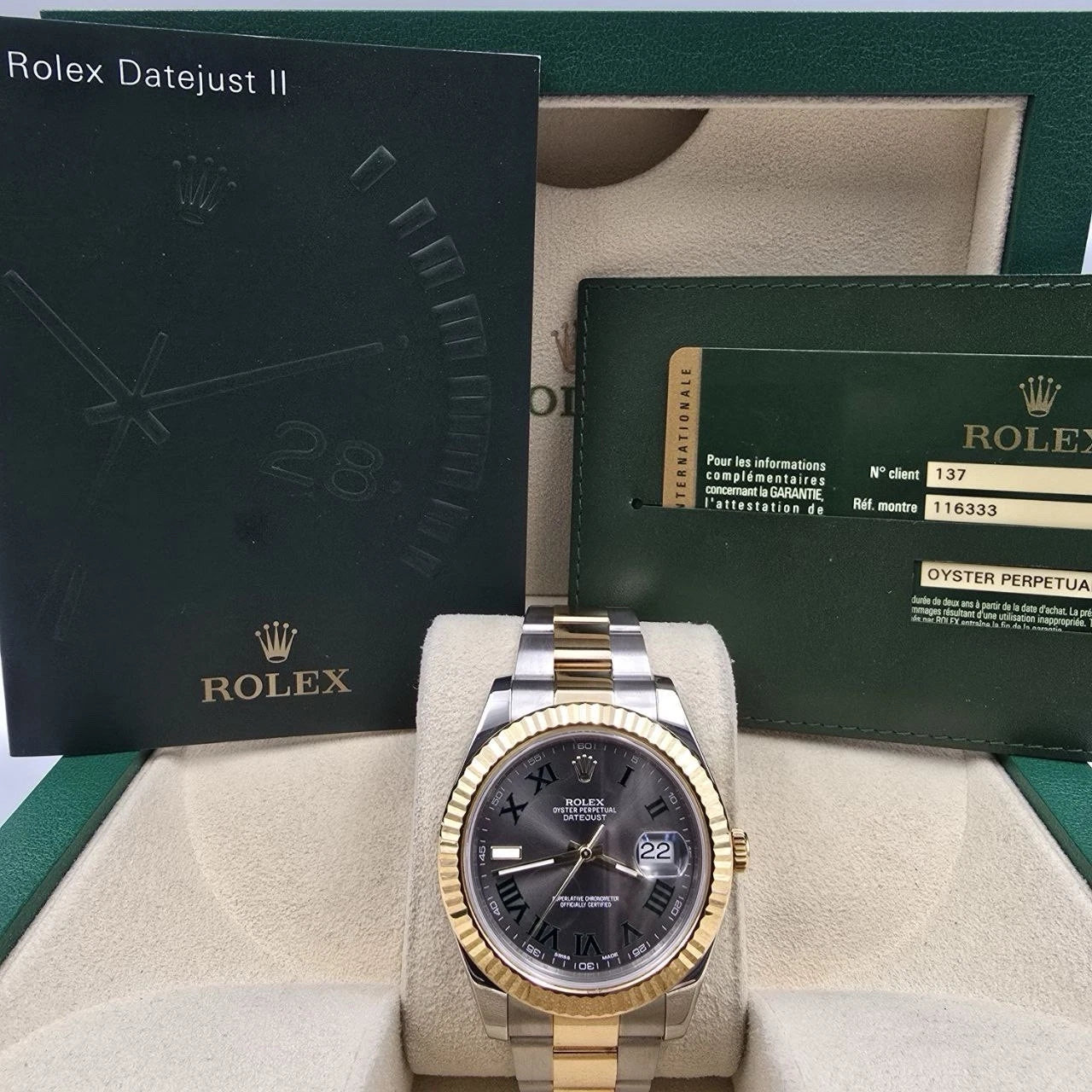 2013 PAPERS Rolex Datejust II Wimbledon 18K Gold Steel Oyster 41mm 116333 BOX