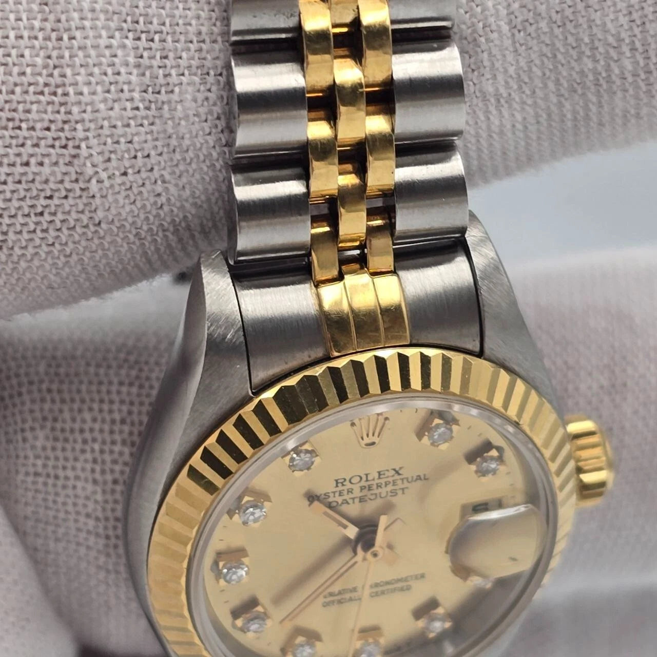 PAPERS Rolex Lady Datejust 18K Gold Steel Champagne NO HOLES Diamond Dial 69173