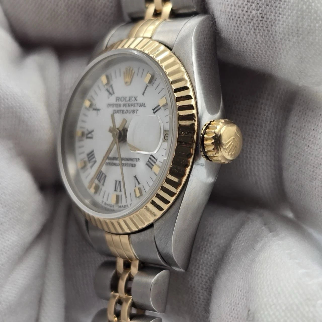 Rolex Lady Datejust 26mm Two Tone White Roman Dial Jubilee NO HOLES 69173