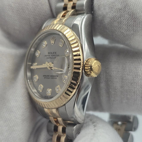 PAPERS MINT Rolex Datejust 18k Two Tone Gray Diamond Dial 26mm Watch 179173