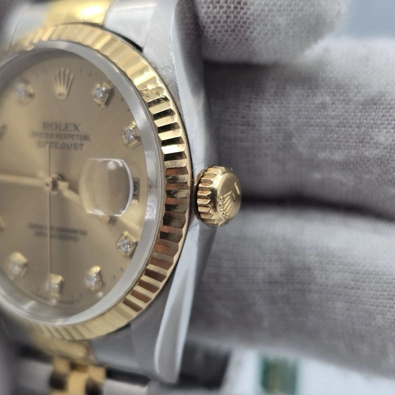 PAPERS Rolex DateJust 36mm NO-HOLES Champagne Diamond Dial TT 18K 16233 BOX