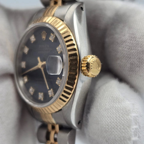 Rolex Lady Datejust 26mm Yellow Gold Steel Factory Blue Diamond Dial 69173