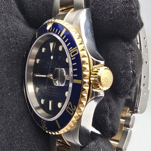 2007 Rolex Submariner 16613 NO HOLES Blue Dial Two Tone Steel Gold 40mm Watch