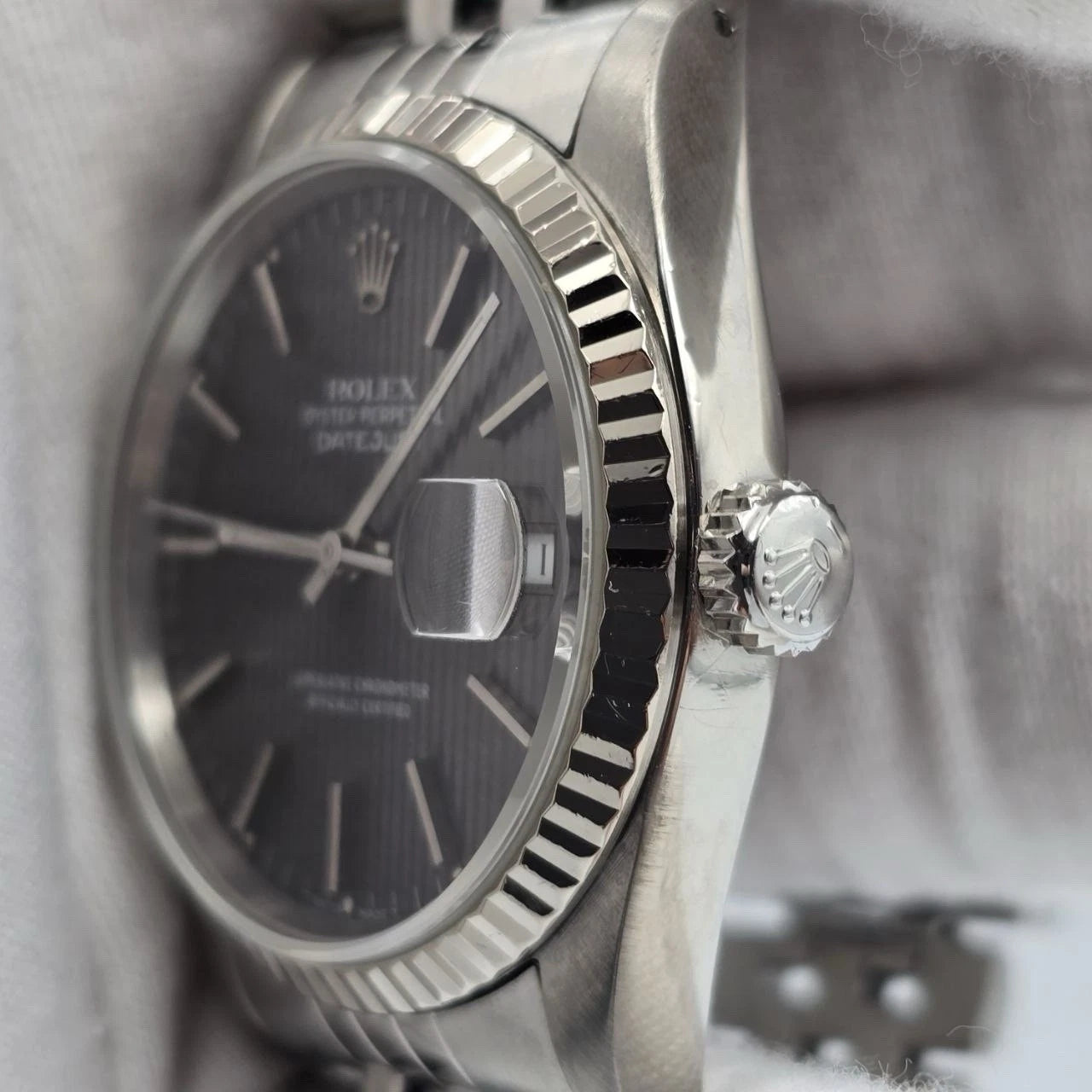 Rolex Datejust Gray Tapestry Dial Stainless Steel Jubilee 16234 36mm Watch