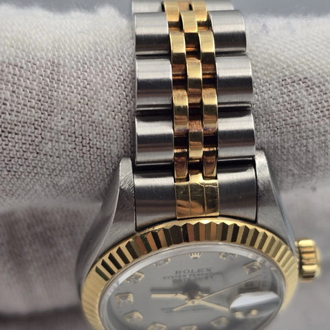Rolex Lady Datejust 26mm Yellow Gold Steel Factory Rhodium Diamond Dial 69173