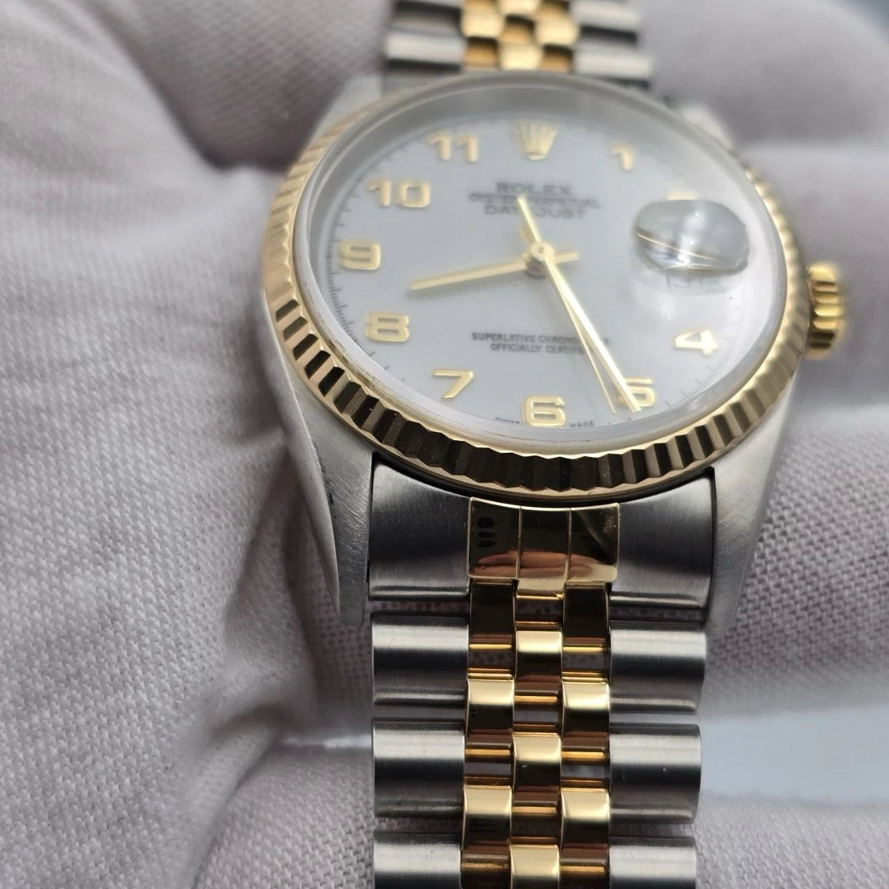 Rolex Datejust 36mm NO-HOLES White Arabic Two-Tone 18K Watch 16233