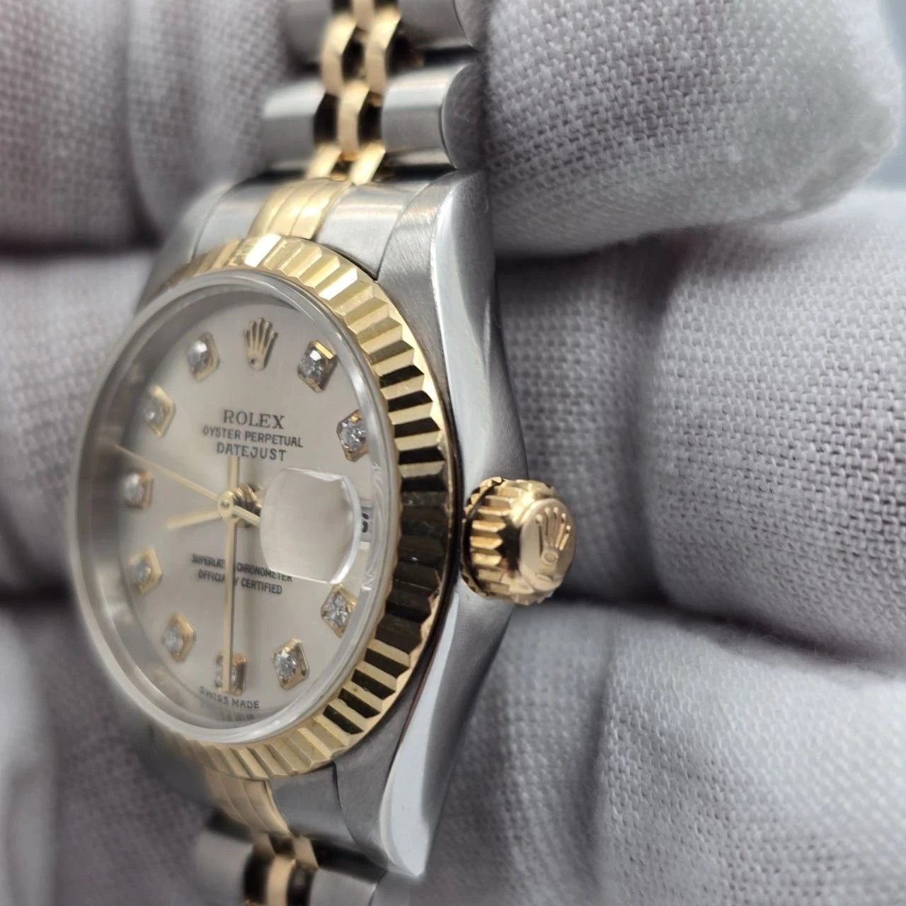 PAPERS Rolex Datejust Gold Steel Factory Rhodium Diamond Dial Jubilee 26mm 79173