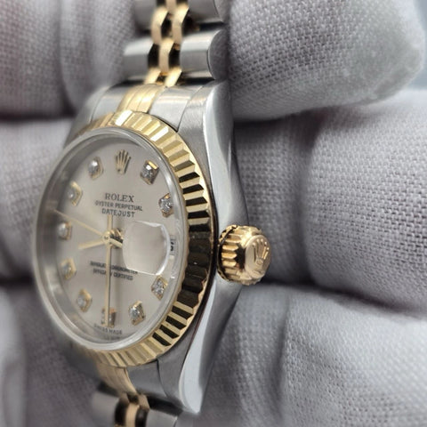 PAPERS Rolex Datejust Gold Steel Factory Rhodium Diamond Dial Jubilee 26mm 79173