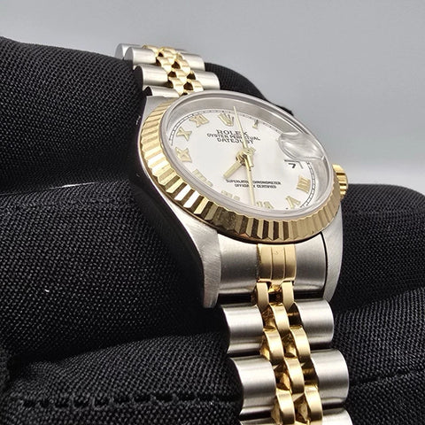 Rolex Lady Datejust Gold Steel Fluted Bezel White Roman Jubilee 26mm Watch 79173
