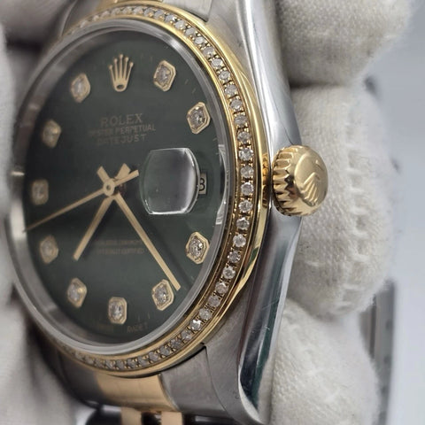 Rolex Datejust 36mm Olive Green Diamond Dial Diamond Bezel Two-Tone Watch 16233