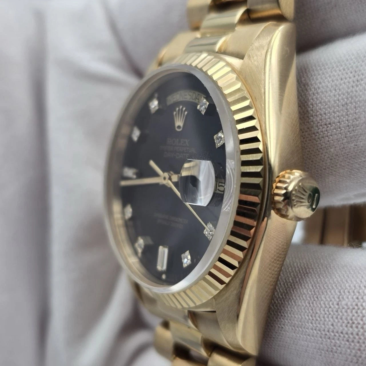 Rolex Day-Date 18038 President 18k Gold FACTORY Black Diamond Dial 36mm Watch