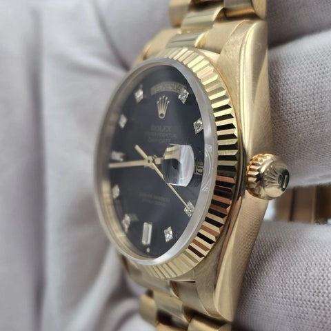 Rolex Day-Date 18038 President 18k Gold FACTORY Black Diamond Dial 36mm Watch