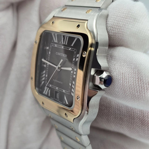 2025 Cartier Santos De Cartier Anthracite Grey Dial Men's Gold Bezel W2SA0030