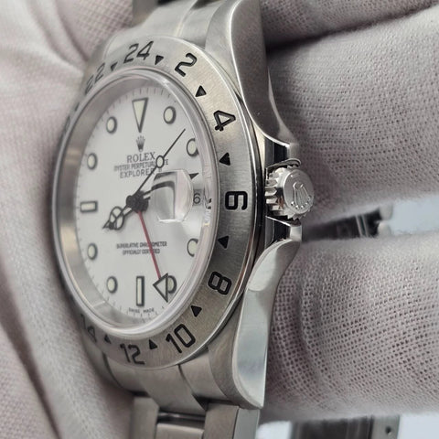 PAPERS Rolex 16570 Explorer II White 40mm Steel NO HOLES Oyster Date Watch