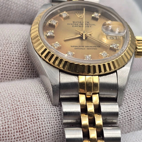 Rolex Lady Datejust 18K Gold Steel NO HOLES 26mm Champagne Diamond Dial 69173