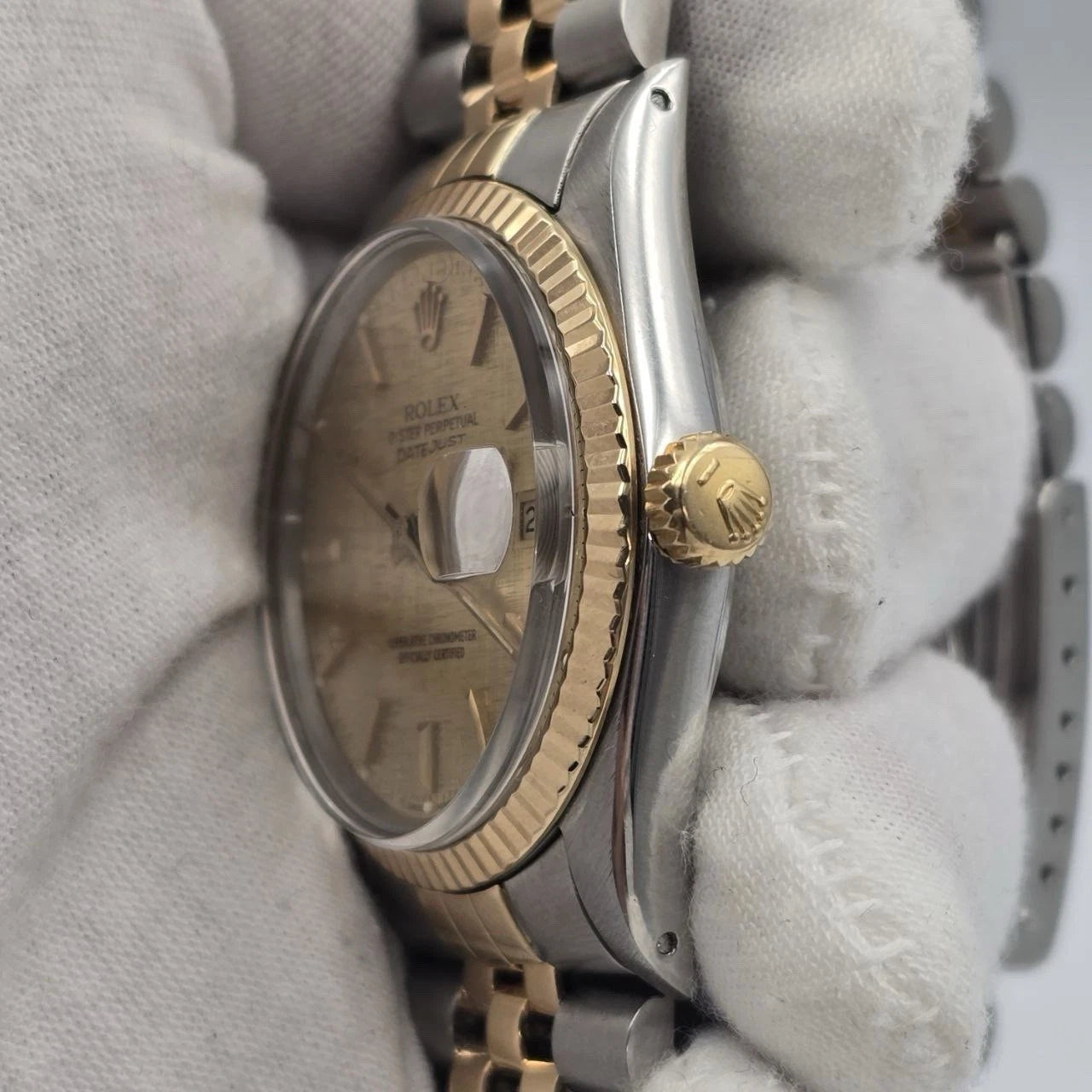 PAPERS Rolex Datejust Champagne Linen Two-Tone Gold Jubilee 16013 36mm Watch