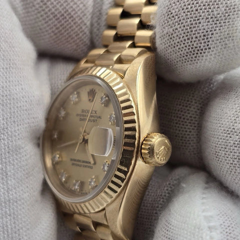 Rolex Ladies Datejust Gold President Factory Champagne Diamond Dial 26mm 69178
