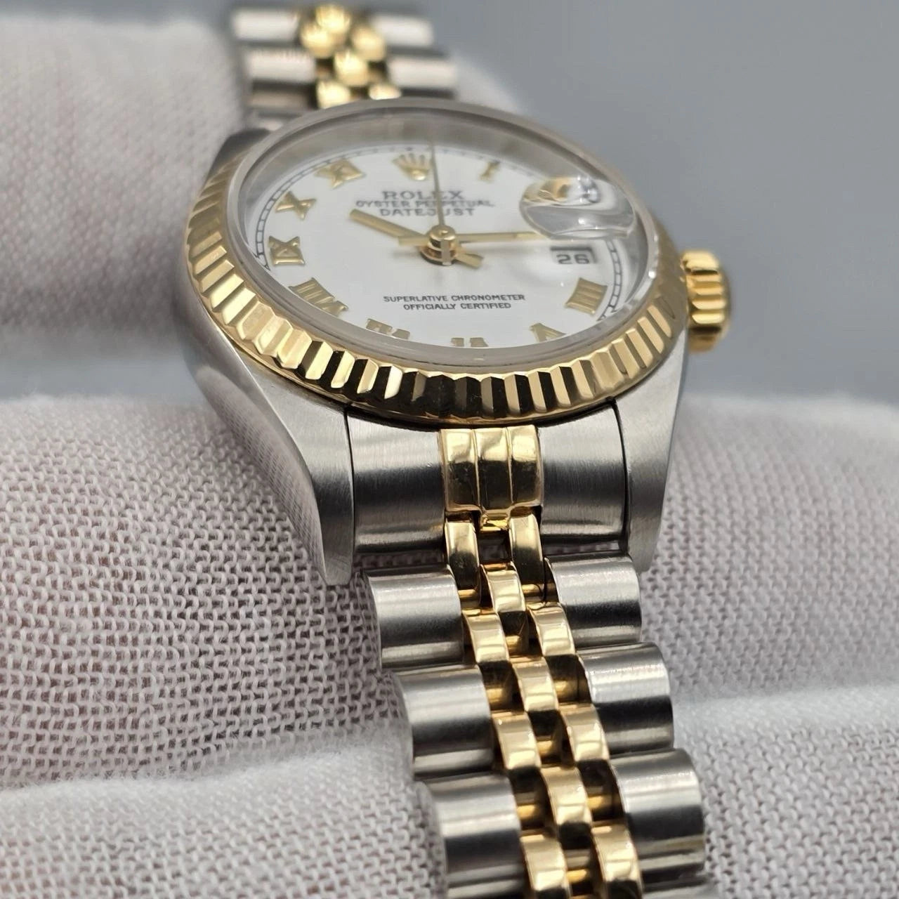 MINT PAPERS Rolex Datejust Gold Steel Fluted White Roman Jubilee 26mm 79173
