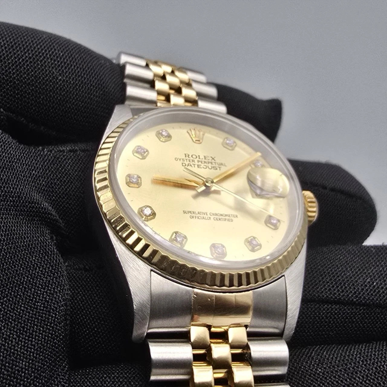 Rolex Datejust 36mm NO HOLES Champagne Diamond Dial 18K Gold TT Watch 16233