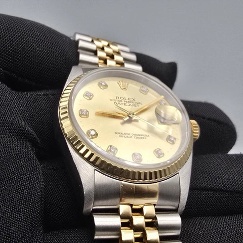 Rolex Datejust 36mm NO HOLES Champagne Diamond Dial 18K Gold TT Watch 16233