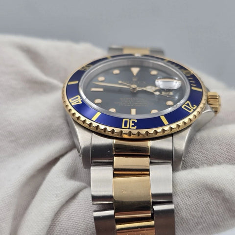 PAPERS Rolex Submariner Date 18K Gold Blue Sunburst Dial 40mm Watch 16803 BOX