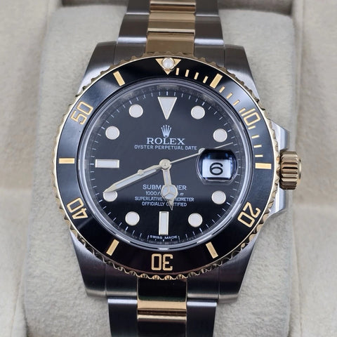 2015 Rolex Submariner Date 40mm 18k Yellow Gold & Steel Black Watch 116613LN B+P