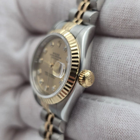 Rolex Datejust 79173 Fluted Bezel TT Jubilee Champagne Diamond Dial 26mm Watch