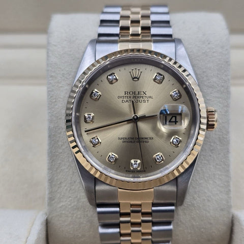 PAPERS Rolex Datejust 36mm Champagne Diamond Dial Two Tone Jubilee 16233 BOX