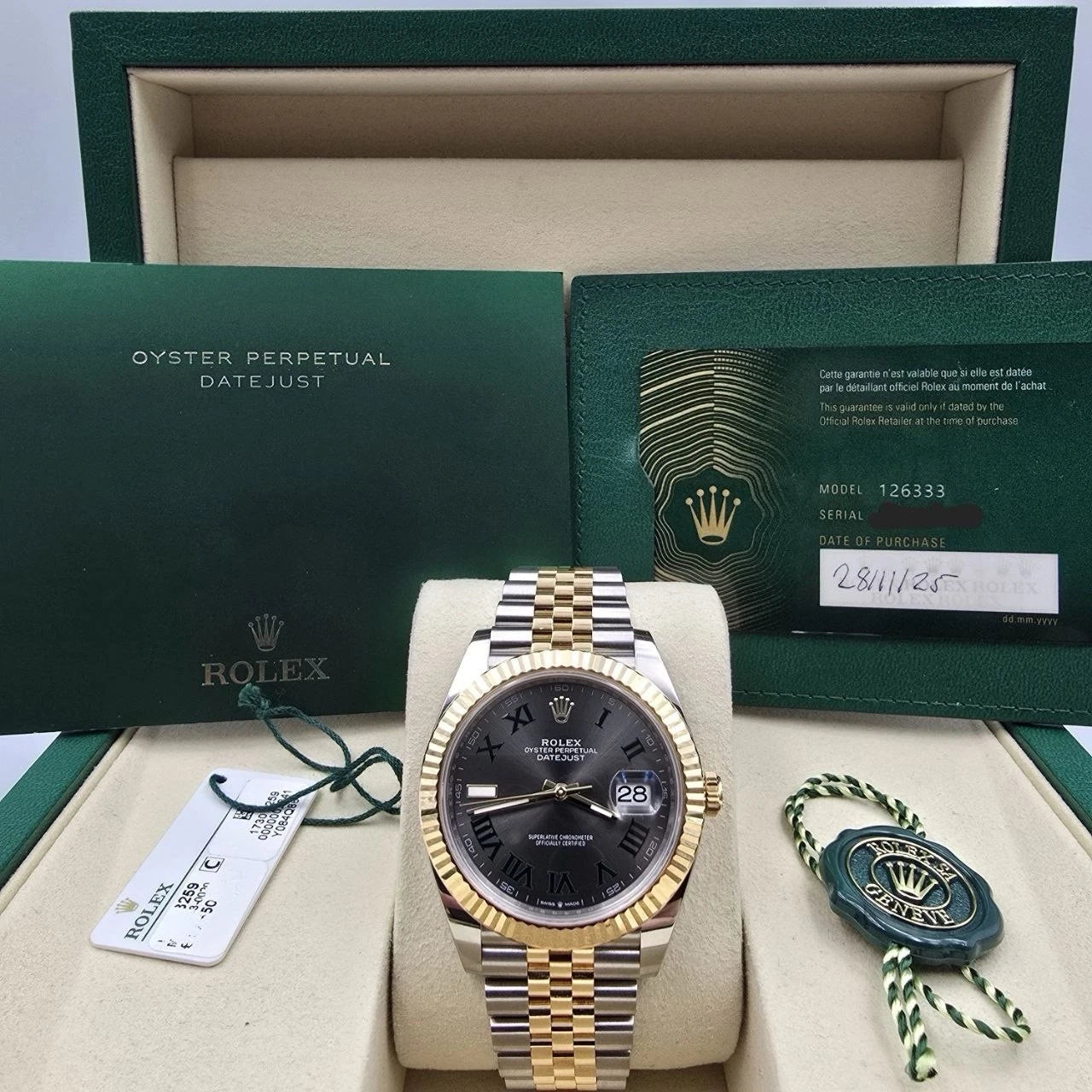 2025 PAPERS Rolex Datejust 41mm Two Tone Wimbledon Dial Jubilee 126333 BOX