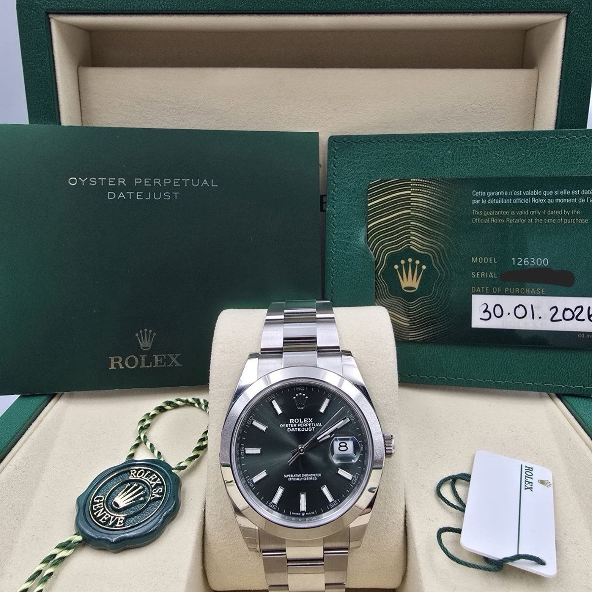 2026 PAPERS Rolex Datejust 41mm 126300 Mint Green Stick Dial Smooth Oyster BOX