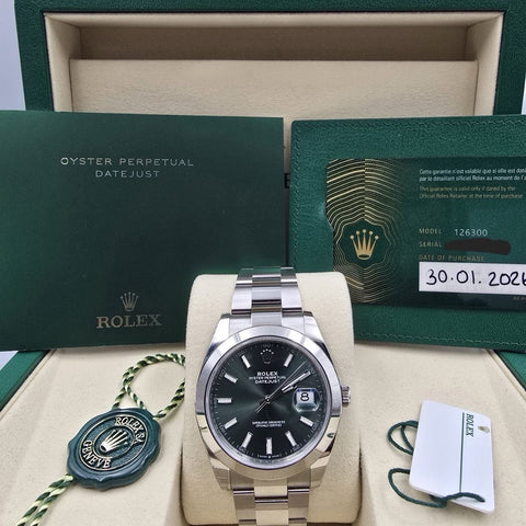 2026 PAPERS Rolex Datejust 41mm 126300 Mint Green Stick Dial Smooth Oyster BOX