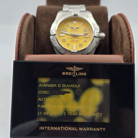 2017 PAPERS Breitling Avenger II Seawolf A173311 Yellow Dial 44mm Watch BOX