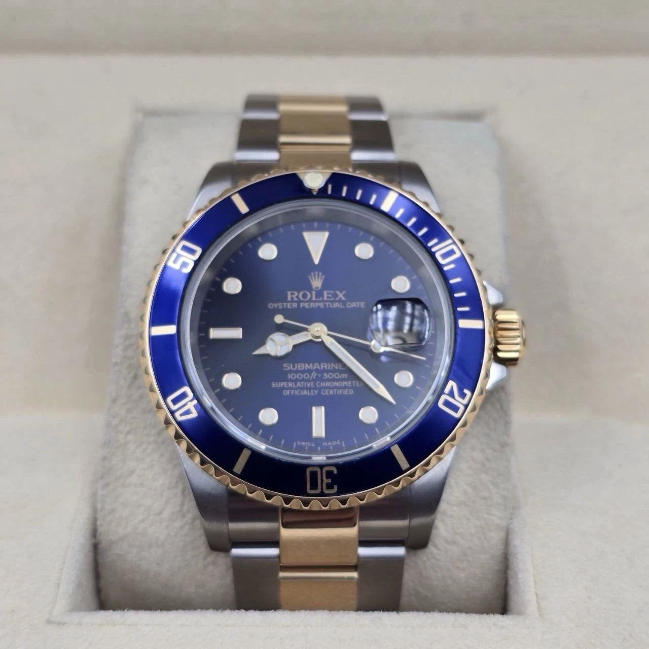 2005 Rolex Submariner 16613 NO HOLES Blue Dial Two Tone Steel Gold 40mm Watch