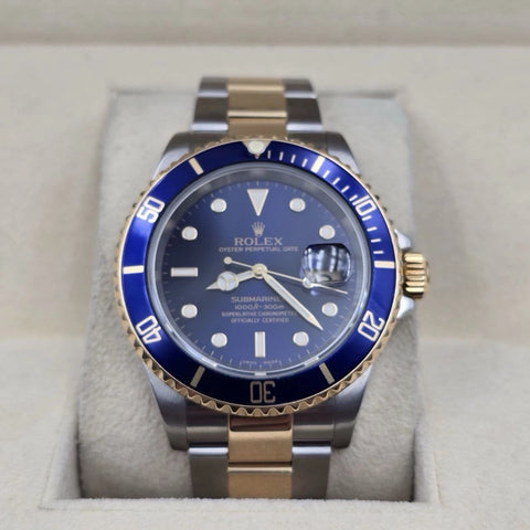 2005 Rolex Submariner 16613 NO HOLES Blue Dial Two Tone Steel Gold 40mm Watch