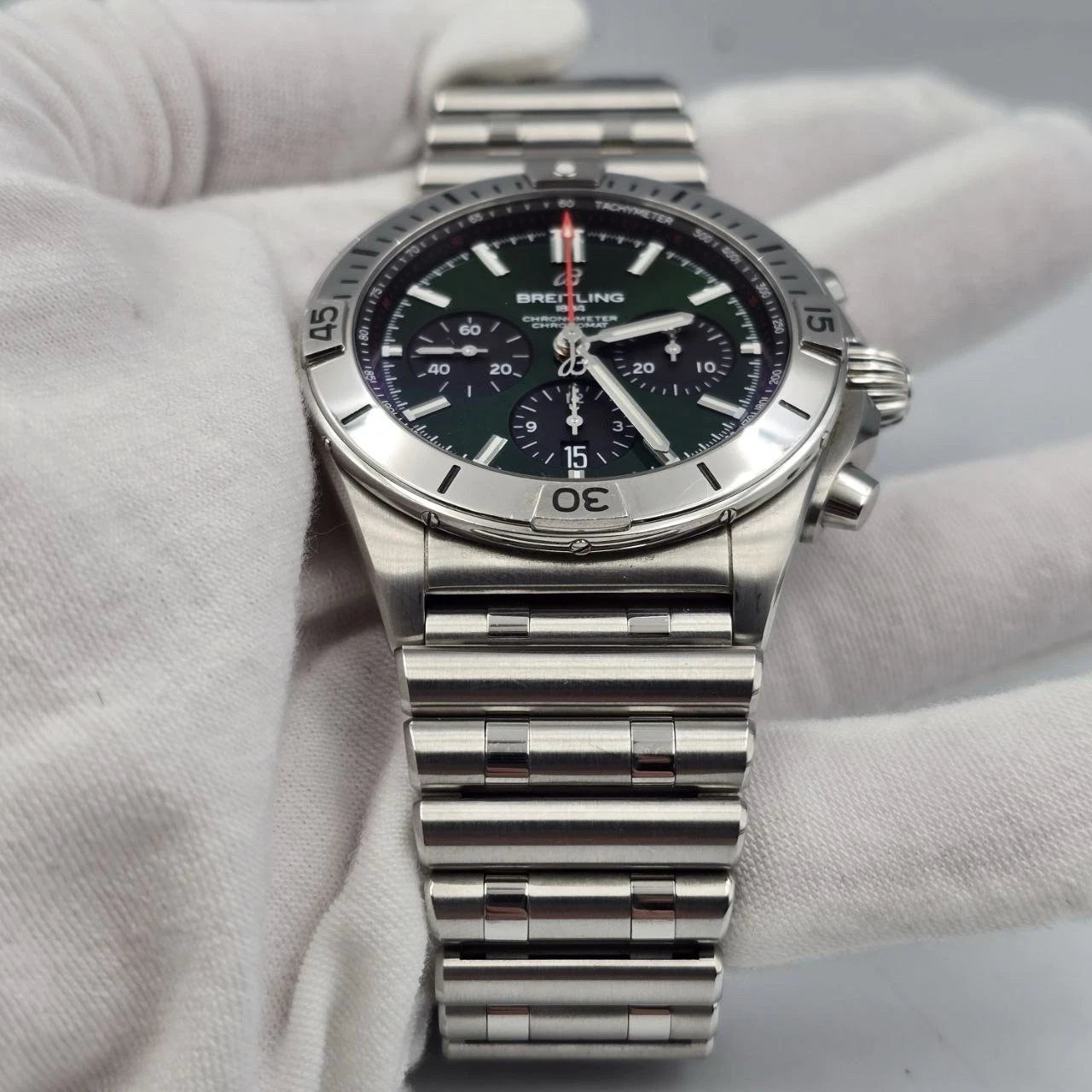 PAPERS Breitling Chronomat AB0134 Green Dial Stainless Steel 42mm Watch