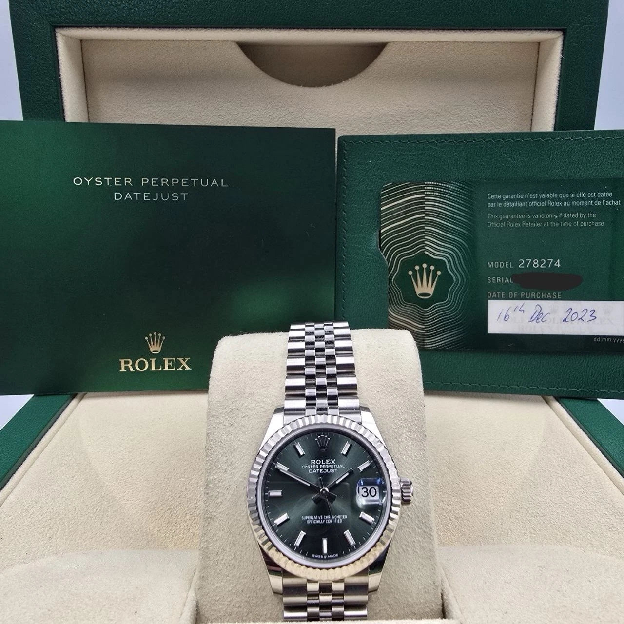 2023 PAPERS Rolex Datejust 31mm Mint Green Index Fluted Jubilee 278274 BOX